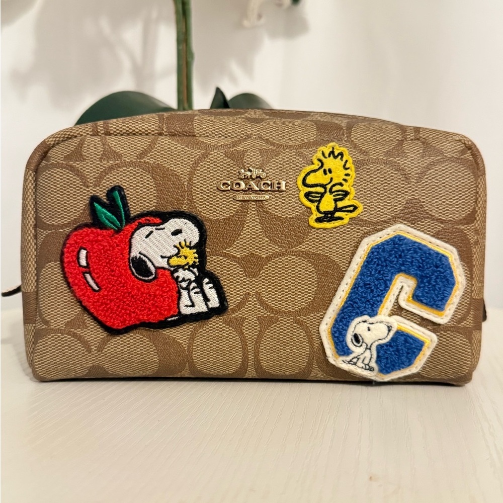 Coach X Peanuts Boxy Cosmetic Case in Signature Canvas With Varsity Patches